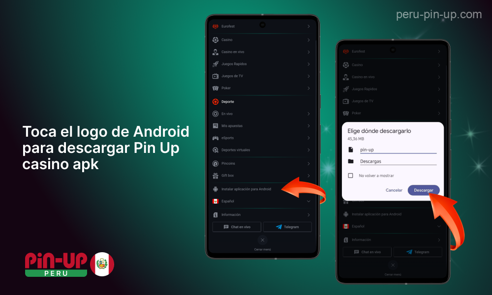 Para descargar el archivo APK de Pin Up Casino en tu dispositivo Android, abre el menú y haz clic en el logotipo de Android