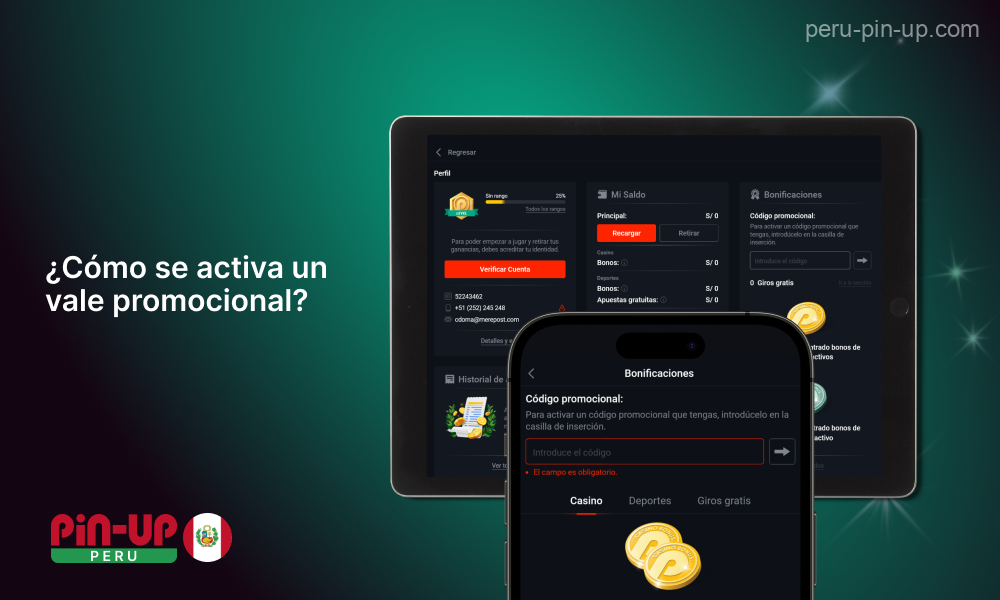 Para activar un código promocional en Pin Up, los jugadores de Perú deben seguir unos sencillos pasos