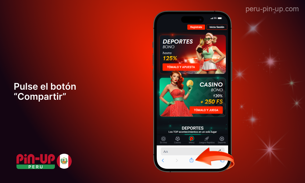 Haz clic en el botón de compartir en la parte inferior de la pantalla para instalar la aplicación móvil Pin Up Casino para el sistema iOS