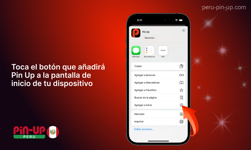 Pulsa añadir a la pantalla de inicio para instalar la aplicación móvil Pin Up para iOS