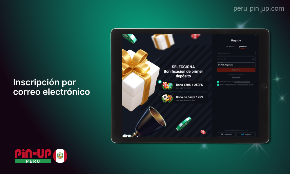 Para registrarse en Pin Up Casino por correo electrónico, los peruanos tienen que ir al sitio, hacer clic en el botón Registrarse, seleccionar la pestaña Correo electrónico, rellenar los campos con su dirección de correo electrónico y contraseña, aceptar los términos y condiciones y hacer clic en el botón confirmar