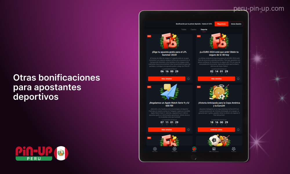 La casa de apuestas Pin Up ofrece una gran variedad de bonos para los jugadores peruanos, incluyendo un bono del 100% en combinaciones, doble ganancia los lunes, devolución del 5% al 55% en apuestas combinadas, apuesta express del día y promociones horarias