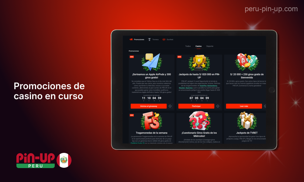 En el sitio de Pin Up Casino, los peruanos tienen acceso a bonificaciones y promociones a largo plazo, como giros gratis semanales, cashback de hasta el 10% y promociones temporales que ofrecen diversas bonificaciones para los jugadores registrados